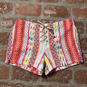 Willow & Clay Women's Lg Vibrant  Shorts Lace Up Woven Striped Boho Technicolor